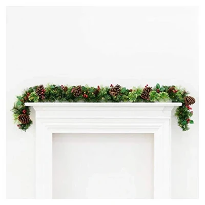 Image of Pre Lit Decorated Artificial Christmas Garland Green Branches With Pine Cones Holly Berries &amp; Warm White LED Lights Indoor/Outdoor Xmas Decoration 6ft