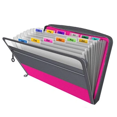 Image of Expanding File Folder,Fun Storage Document Organiser Box Files,13 Pockets Zip Filing Folders,5 Colours,Accordian Folder with Tabs,Expandable Documents Wallet Accordion Organisers, Pink
