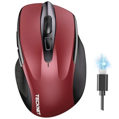 Image of TECKNET Bluetooth Mouse, Rechargeable Wireless Mouse(Tri Mode: BT 5.0/3.0+2.4G), 4800DPI Adjustable, Silent Ergonomic Mouse for Laptop PC Computer, Windows Mac OS,6 Buttons (Red)