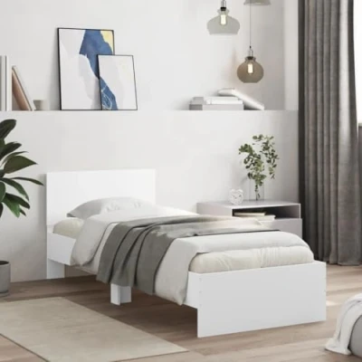 Image of vidaXL Single Bed Frame with Headboard White Engineered Wood, Plywood Slats, 90x190 cm, Sleek Design for Bedroom Comfort