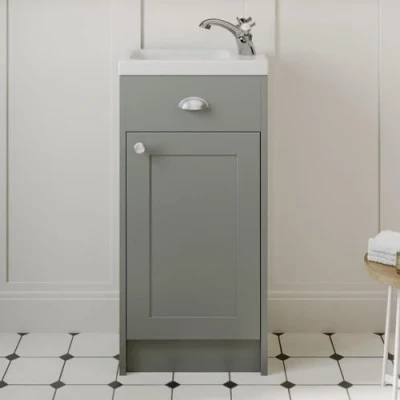 Image of Baystone® 400mm Traditional Bathroom Vanity Unit with Wash Basin Ceramic Sink, Single Door, Cloakroom Storage Furniture Under Cabinet, Floorstanding Cabinets Grey