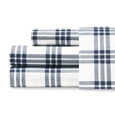 Image of Eddie Bauer Full Sheets, Cotton Percale Bedding Set, Crisp &amp; Cool Home Decor (Navy Plaid, Full)