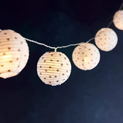 Image of Lights4fun Hanging Paper Lanterns Star Children’s String Fairy Lights Warm White LEDs Battery Operated with Timer 80cm