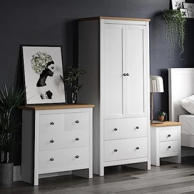 Image of Vida Designs Arlington 3 Piece Bedroom Sets, Bedside cabinet, Chest of Drawer &amp; Wardrobe (White Oak, 2D Nightstand, 4D Wardrobe)
