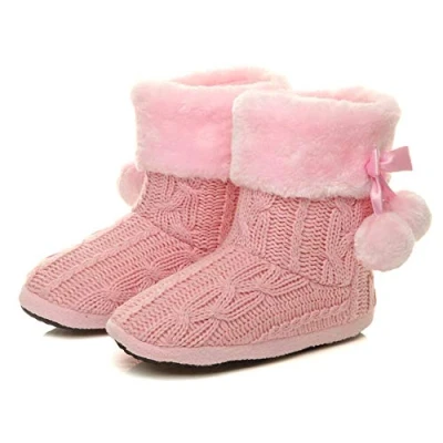 Image of Ajvani Womens Ladies Winter pom Fur Lined Knitted Ankle Slipper Boots, Pink Glitter Knitted, 8 UK