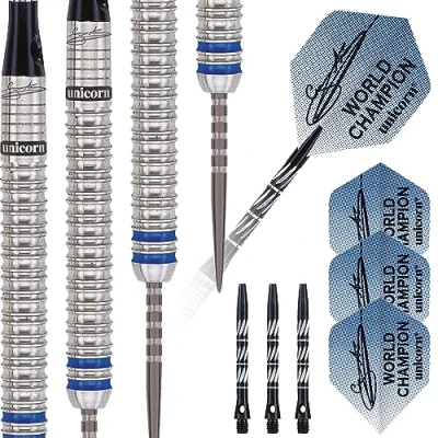 Image of Unicorn Steel Tip Darts Set Gary &#039;The Flying Scotsman&#039; Anderson Phase 3 World Champion 90% Natural Tungsten Barrels with Blue Accents 21 g