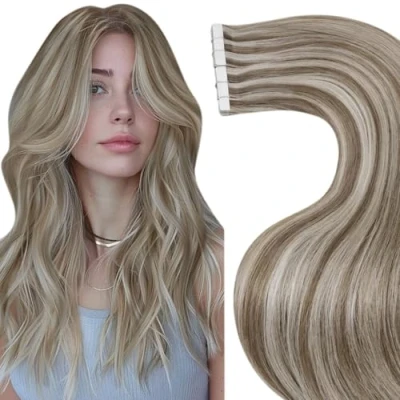 Image of Laavoo Human Hair Tape in Extensions 14 Inch 20pcs 50g Light Brown and White Blonde Highlighted Straight Seamless Remy Real #p8/24