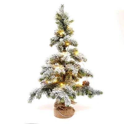 Image of SHATCHI Table Mantel Centrepiece Pre Lit LED Christmas Frosted Tips with Pine Cones Flocked Snow Covered Xmas Tree Burlap Base for Decoration, Green, 75cm