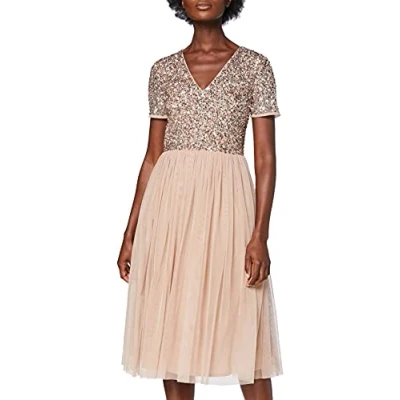 Image of Maya Deluxe Women&#039;s Embellished Midi Evening Dress Ladies V Neckline with Short Sleeve for Prom Wedding Bridesmaid, Taupe Blush, 16
