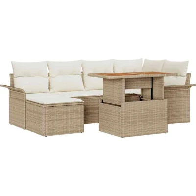 Image of vidaXL 7 Piece Garden Sofa Set with Cushions Beige Poly Rattan