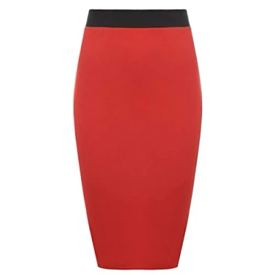 Image of Womens Pencil Stretch Tube Wiggle Ladies Contrast Elasticated Waistband Fit Bodycon Plain Office Midi Skirt Plus Size Red 20 22 (XXL)