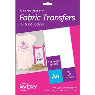 Image of Avery MD1001 A4 Printable Fabric Transfers for Light Cottons, Inkjet Printers Only 5 x per Pack, White