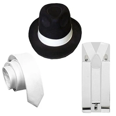 Image of MENS 3PC GANGSTER Black HAT WHITE BRACES &amp; TIE 1920&#039;S FANCY DRESS COSTUME (3 PC Hat+Tie+Braces)