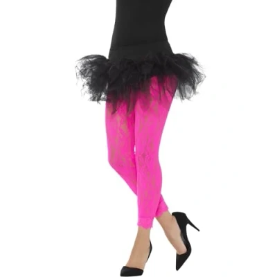 Image of Smiffys 80s Lace Leggings, Neon Pink , 1980&#039;s Fancy Dress, 1980s Dress Up Accessories