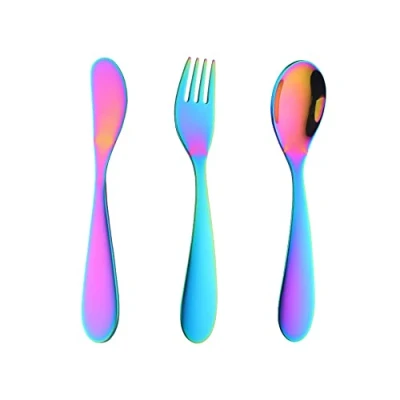 Image of Rainbow Children Cutlery Metal, 3 Pcs Stainless Steel Kids Flatware Set with Knife/Fork/Spoon, Todler Silverware Healthy &amp; Mirror Polished, Dishwasher Safe