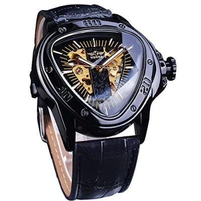 Image of Winner Fashion Mechanical Wrist Watch Triangle Racing Dial, Waterproof Golden Skeleton Dial Automatic Movement Leather Design for Men, Black_1,