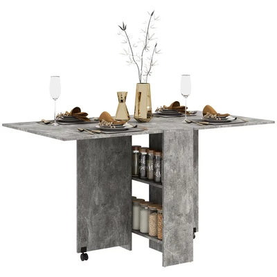 Image of HOMCOM Folding Dining Table, Drop Leaf Table for Small Spaces with 2 tier Shelves, Kitchen Rolling Casters, Cement Grey