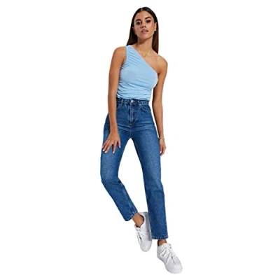 Image of Trendyol Women High Waist Wide Leg Mom Jeans,Blue,34