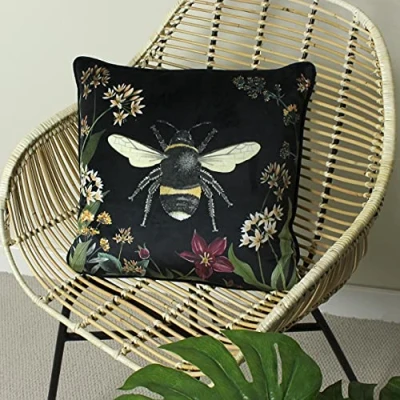 Image of Evans Lichfield Midnight Garden Bee Velvet Piped Feather Rich Filled Cushion
