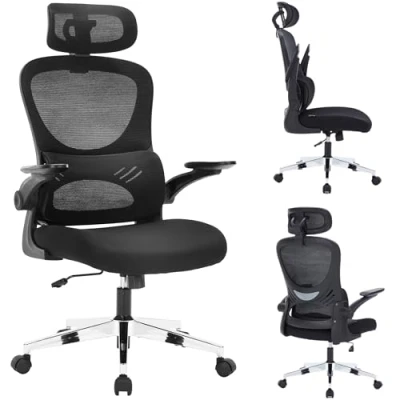 Image of Nyxi Ergonomic Office Chair, Executive High Mesh Back &amp; Seat with Foldable 3D Armrests, Tilt Function, Lumbar Support, Adjustable Headrest, Swivel, Comfort Productivity (Black, Model 768)
