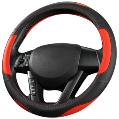 Image of Pahajim Car Steering Wheel Covers Leather,Universal 15 Inch Breathable Anti Slip,Anti Skid Thin Soft Microfiber Leather Accessories Interior (black red)