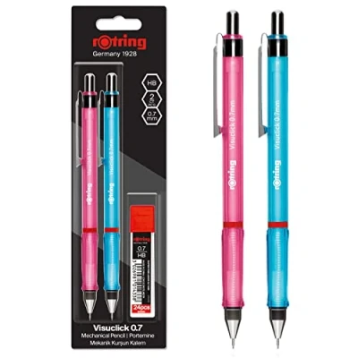 Image of rOtring Visuclick Mechanical Pencils 0.7 mm Pink &amp; Blue Barrels 2 Count With 24 HB Leads
