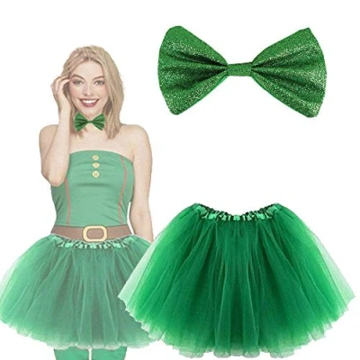 Image of Lizzy Women&#039;s St Patrick&#039;s Day Tutu with Glitter Bow Tie Ladies Irish Fancy Dress Party Costume Accessory Green Skirt