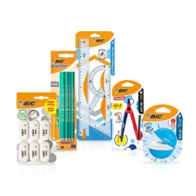 Image of Bic Children&#039;s School Supplies Kit with 1 Learning Compass, 3 Geometry Instruments, 10 Graphite Pencils, Sharpener and 6 Erasers Pack of 21