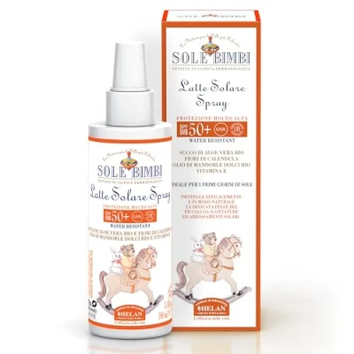 Image of Helan Sole Bimbi Sunscreen Spf 50 + for Babies, Sun Cream Spray with Aloe Vera Juice, Vitamin E &amp; Sweet Almond Oil, Water Resistant Lotion Against Redness Irritation Made in Italy, 100 ml