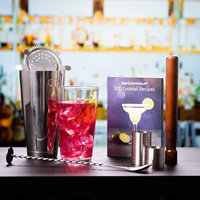 Image of Luxury Home Cocktail Set with Book by bar@drinkstuff Gift Boston Shaker Tin &amp; Glass, Book, Hawthorne Strainer, Muddler, Twisted Mixing Spoon, 25ml 50ml Thimble Bar Measure