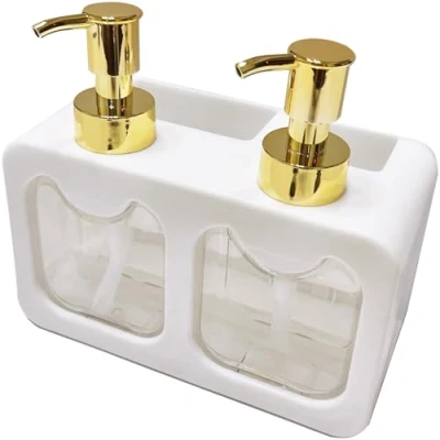 Image of Dual Soap Dispenser,Liquid Hand and Dish Dispenser Spong Caddy with Brush Holder Countertop Organizer for Kitchen (White)