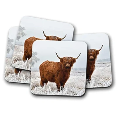 Image of 4 Set Highland Cow Coaster Cattle Snow Winter Scotland Animals Gift #15508
