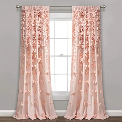 Image of Lush Decor Riley Curtain Sheer Ruffled Textured Bow Window Panel for Living, Dining Room, Bedroom (Single), 84 in L, Blush