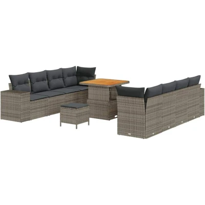 Image of vidaXL 11 Piece Garden Sofa Set with Cushions Grey Poly Rattan Acacia