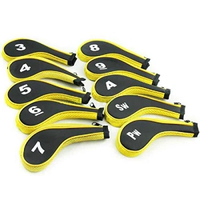 Image of TOHMLAPE 10pcs Number printing Long Neck Golf Club Iron Covers Head Set with Zipper for Irons Callaway Ping, Black/Yellow