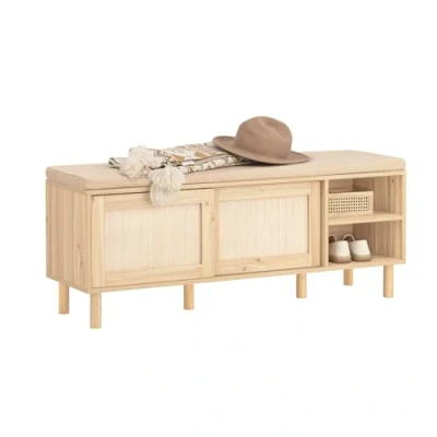 Image of SoBuy FSR163 N, Hallway Storage Bench Shoe Rack Cabinet with 2 Sliding Doors and Seat Cushion, W121 x D35 H49cm