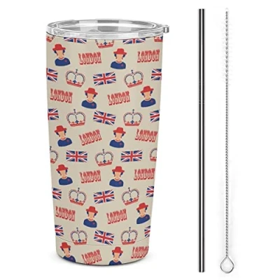 Image of Vintage Landon British Flag Reusable Insulated Coffee Cup Travel Mug Double Wall Tumbler with Lid And Straw