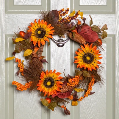 Image of 45cm Hanging Artificial Golden Sunflower Whirl Autumn Wreath