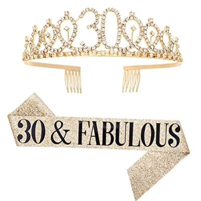 Image of NC Leixi 30 and Fabulous Sash &amp; Rhinestone Tiara Set 30th Birthday Gifts for Women Party Supplies, Gold, X Large