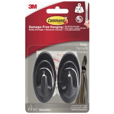 Image of Command Slate Terrace Hooks, Pack of 2 Hooks 4 Medium Adhesive Strips Damage Free Hanging Holds up to 1.3kg