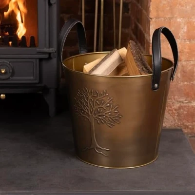 Image of CHARLES BENTLEY Snug Mulberry Small Leather Handle Log Bucket, Metal, Leather, Antique Gold Finish, Timeless Style, Tree Logo, 4kg Capacity, Rustic, Powder Coated, Fireside, 1.4kg (35x35x31cm)