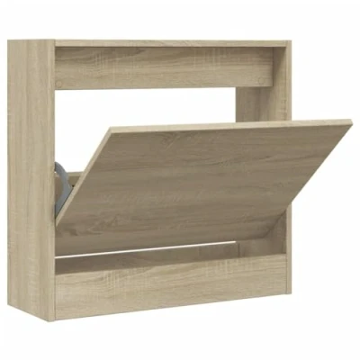 Image of vidaXL Engineered Wood Shoe Cabinet in Sonoma Oak Slim Storage Organizer with Flip Drawer for Small Spaces, Entryway, Hallway, 60x21x57 cm, Brown