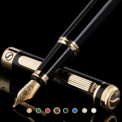 Image of Scriveiner Black Lacquer Fountain Pen Stunning with 24K Gold Finish, Schmidt 18K Gilded Nib (Broad), Best Gift Set for Men &amp; Women, Professional, Executive, Office, Nice Pens