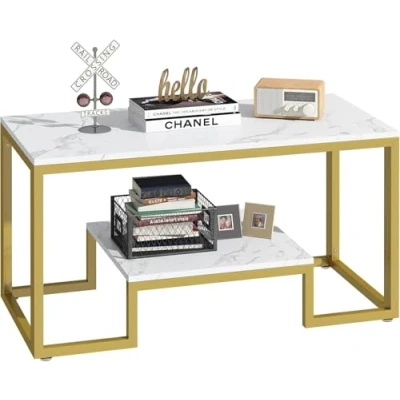 Image of Huhote 2 Tier Coffee Table, Center Tea Living Room Table with Gold Metal Frame, for Bedroom Office, Modern Open Design, 39.4 x 18.9 20 IN, White Marble
