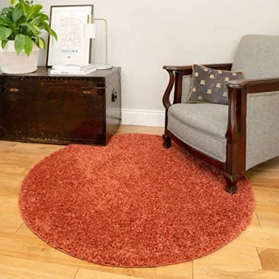 Image of Terracotta Orange Easy Clean Durable Super Soft Shaggy Shag Round Circle Rug Thick Fluffy Traditional Bedroom Hallway Kitchen Living Room Lounge Floor Rugs 135cm