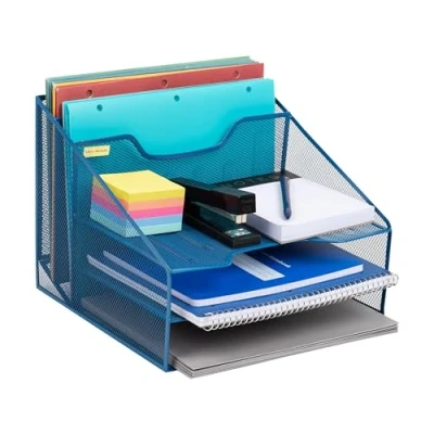 Image of Mind Reader Desktop Organizer, Vertical File Holder, Paper Trays, Office, Metal Mesh, 12.5&quot; L x 11.5&quot; W 9.5&quot; H, Turquoise