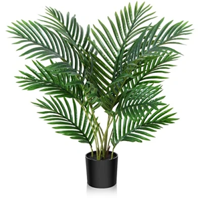 Image of Fopamtri Artificial Plants Indoor Fake Areca Palm Plant 60 cm in Plastic Pot with Green Leaves Faux Tropical for Home House Office Garden Decoration (1 Pack)
