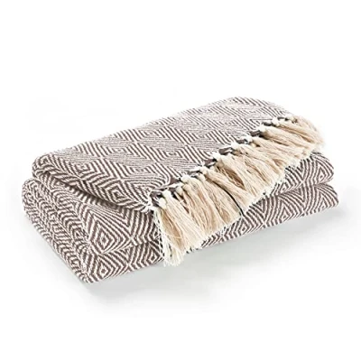 Image of EHC Luxury Reversible Super Soft Cotton Diamond Large Throw For Sofa, Double Bed, Armchair Beige, 150 x 200 cm