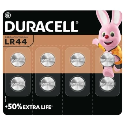 Image of DURACELL LR44 (8 Pack) specialty alkaline battery 1.5V (A76) +50% EXTRA LIFE For use in Digital Thermometer, Calculator, Flashlight, Wrist Watches, Security System Panel, Medical Devices