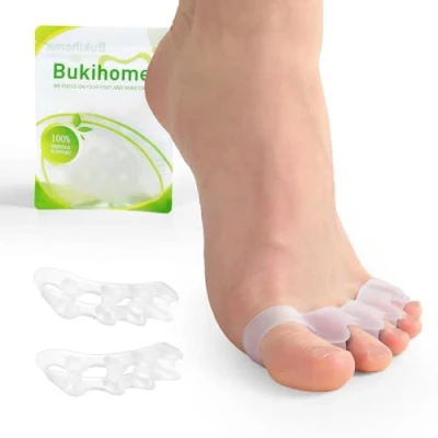 Image of Bukihome Toe Separators, 4 Pair Soft Gel Spacers to Correct Bunions, Stretcher for Therapeutic Relief from Plantar Fasciitis, Foot Pain Women &amp; Men,Transparent Color+S